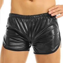 Maskulo NSH349 Black Shiny Jogger Shorts for men, free-to-body Spandex/Polyurethane, ideal for gym, sports, daily wear, or parties.