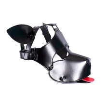 Maskulo NQ1354 Black Fetish Puppy Mask with Zipper Hood and Red Tongue. PU Leather cosplay accessory for Halloween, parties, games, and bedroom.