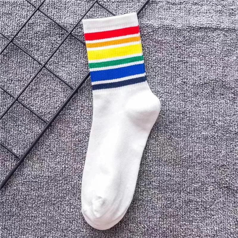 Maskulo Rainbow Line Crew Socks (NSC341) in white, featuring 6 colors, varying stripes, made from cotton, polyester, and spandex. Ideal for daily wear.
