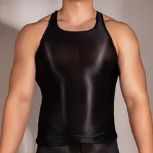 Maskulo NTP319 Silky & Glossy Black Tank Top for men, tight-fit polyester/spandex, ideal for parties, posing, and daily wear.