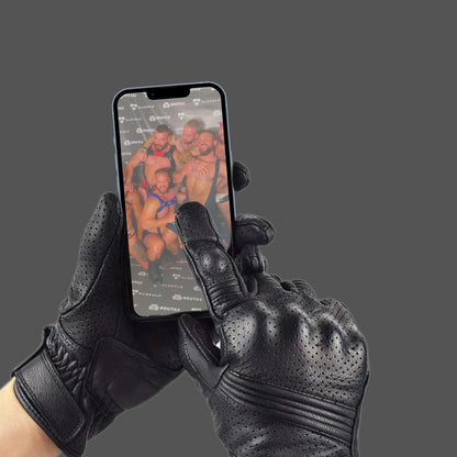 Touchscreen Perforated Leather Gloves at Maskulo Berlin. Hard Knuckle Tactical Gloves in black, designed for safety and comfort