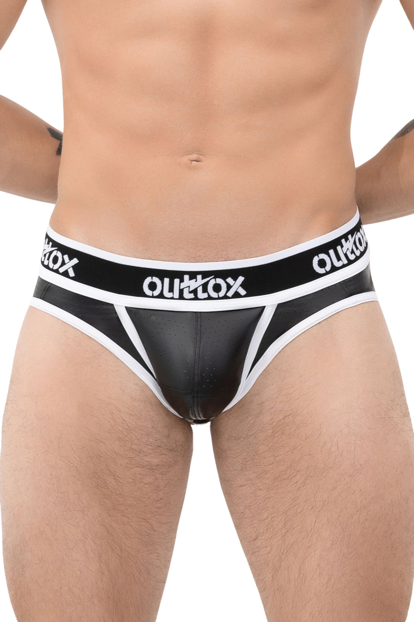 Outtox. Offener hinterer Slip mit Snap-Codpiece. Schwarz+Weiß