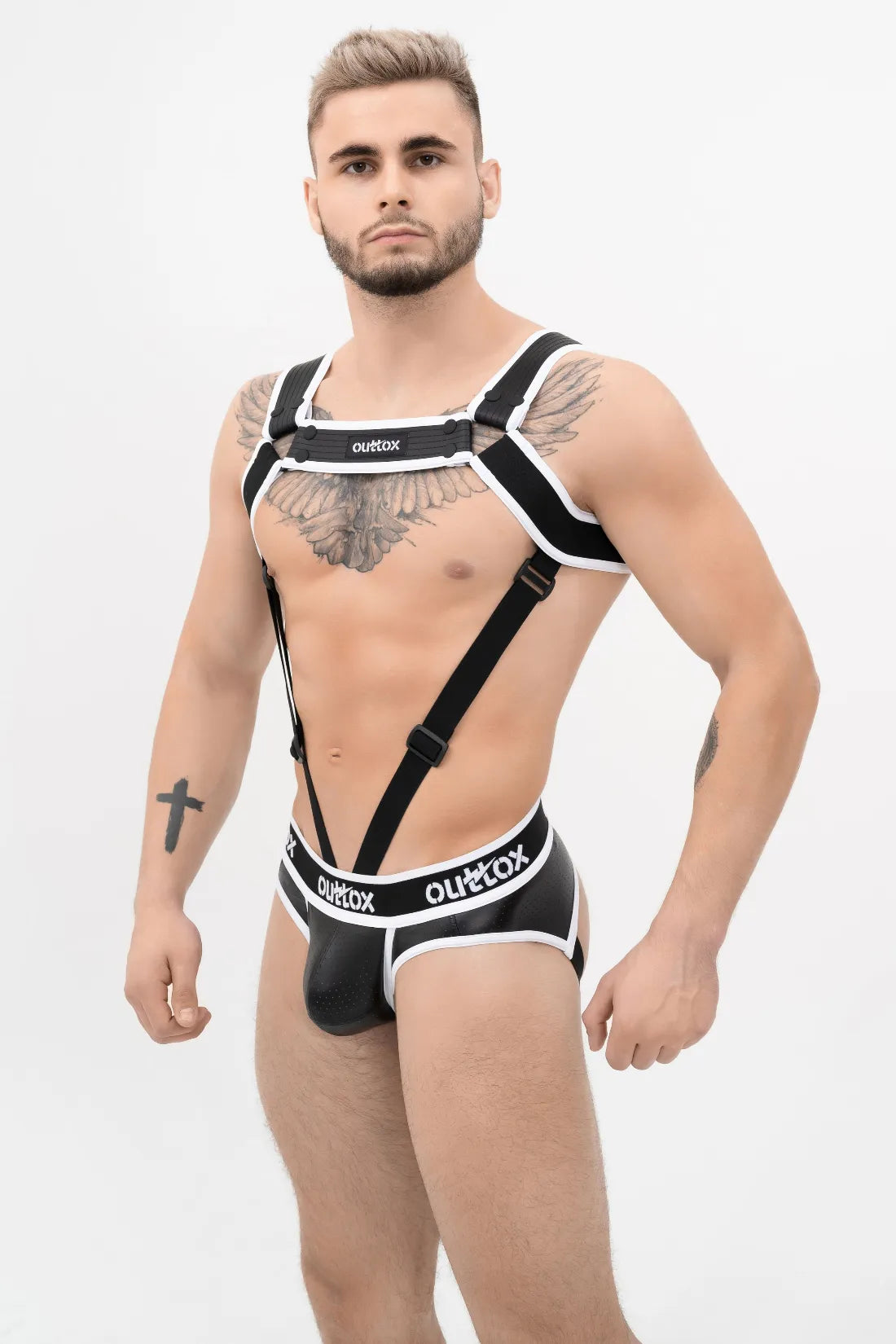 Outtox. Body Harness with Snaps. Black+White