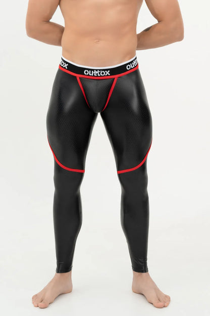 Outtox. Zip-Rear Leggings with Snap Codpiece. Black+Red