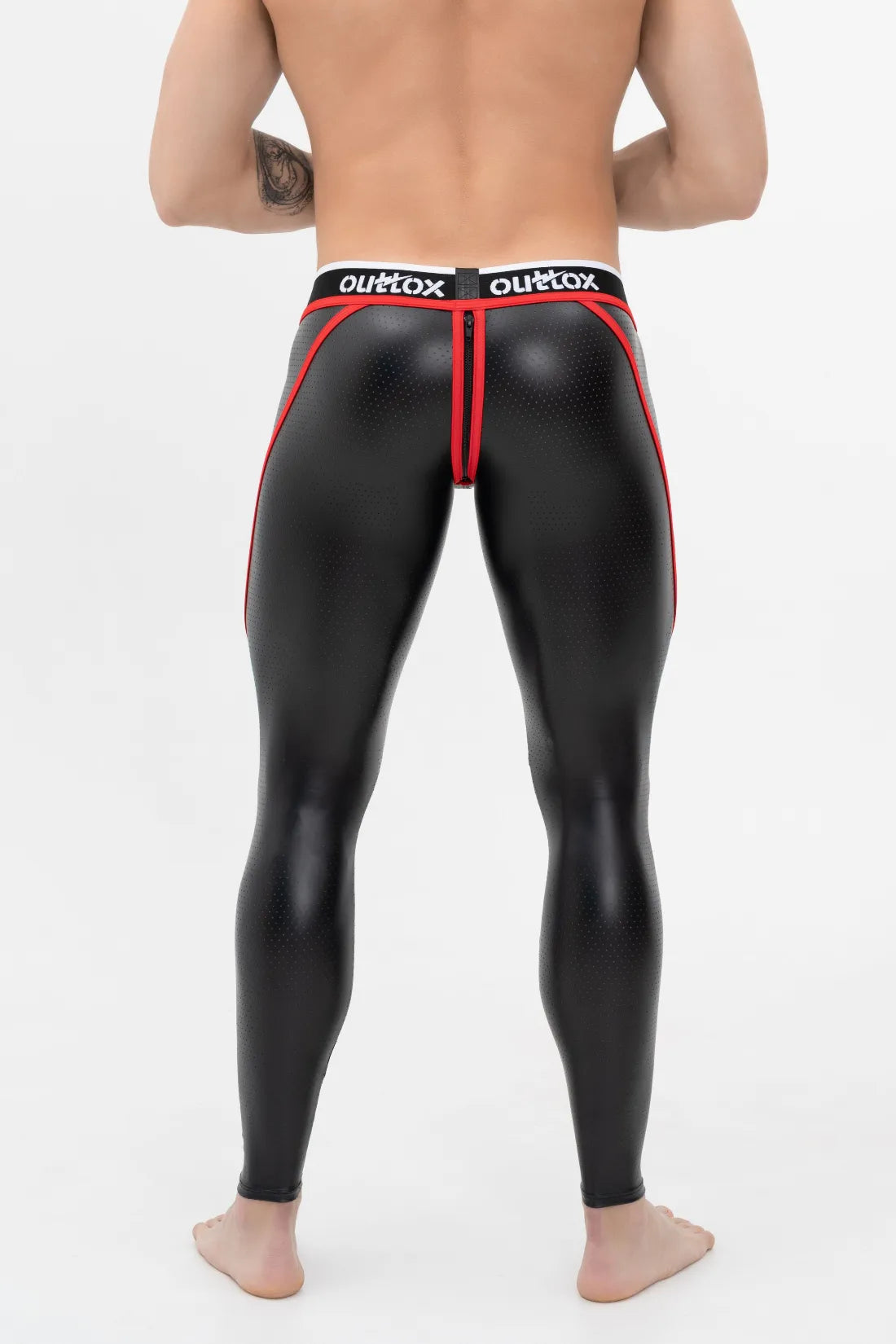 Outtox. Zip-Rear Leggings with Snap Codpiece. Black+Red