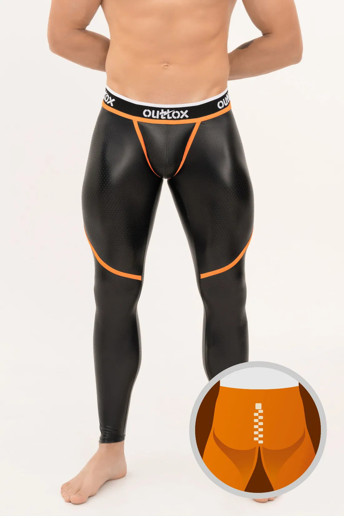 Outtox. Leggings mit Reißverschluss hinten und Snap-Codpiece. Schwarz+Orange