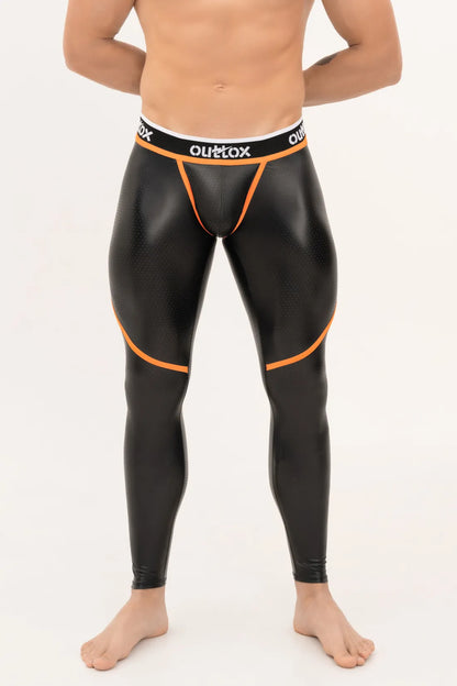 Outtox. Leggings mit Reißverschluss hinten und Snap-Codpiece. Schwarz+Orange