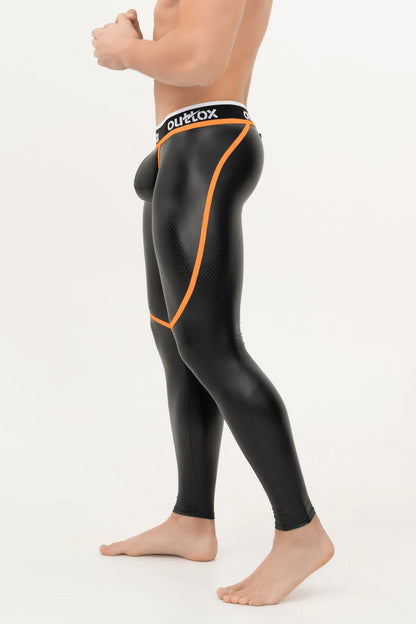 Outtox. Leggings mit Reißverschluss hinten und Snap-Codpiece. Schwarz+Orange