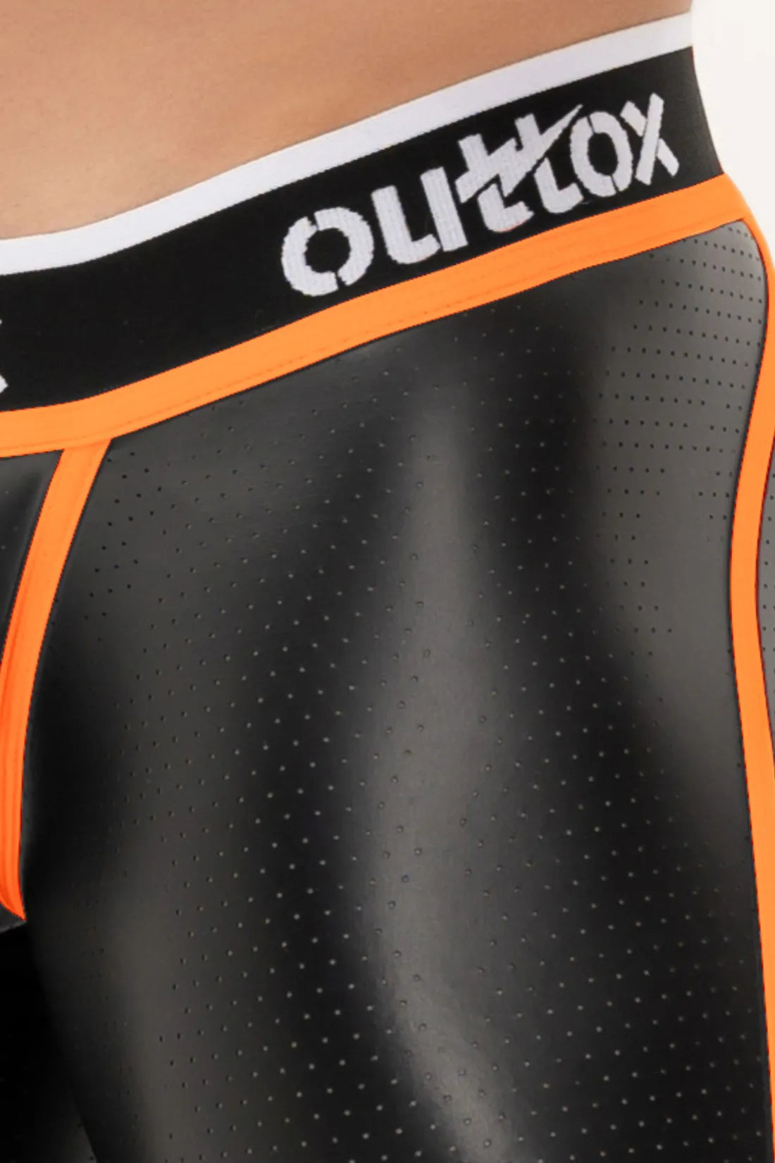 Outtox. Leggings mit Reißverschluss hinten und Snap-Codpiece. Schwarz+Orange