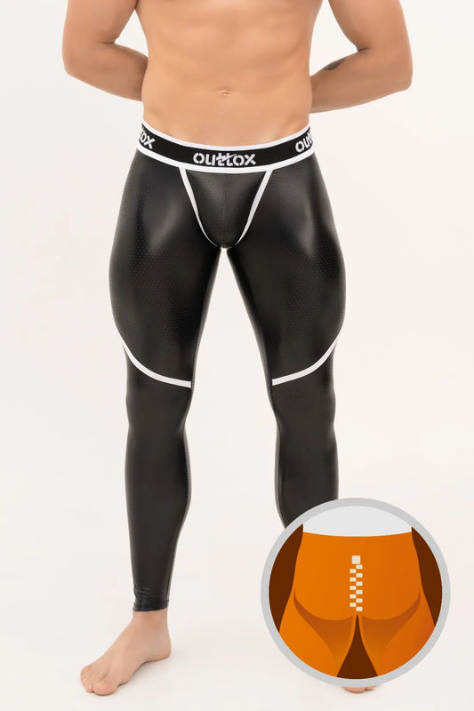 Outtox. Leggings mit Reißverschluss hinten und Snap-Codpiece. Schwarz+Weiß