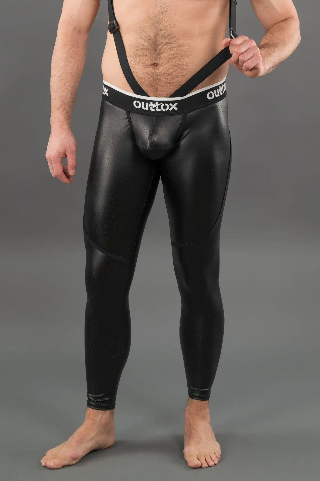 Outtox. Leggings mit Reißverschluss hinten und Snap-Codpiece. Schwarz