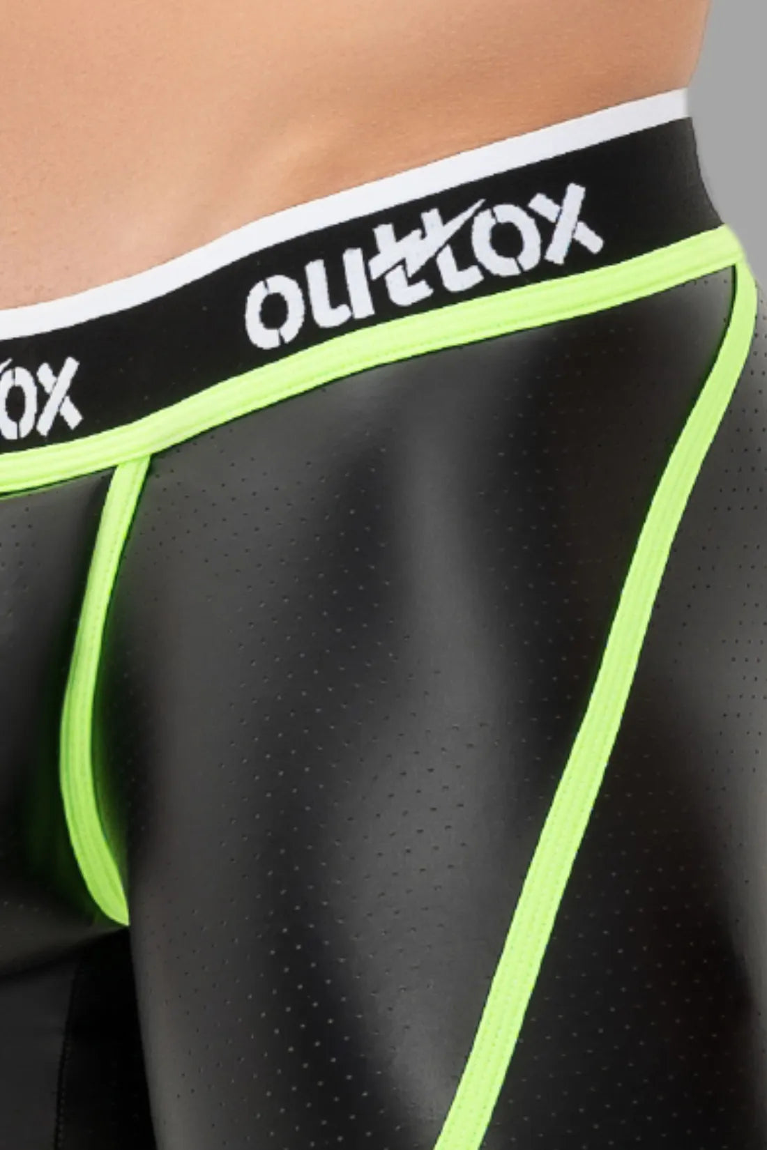 Outtox. Offene hintere Shorts mit Snap Codpiece. Schwarz+Grün 'Neon'