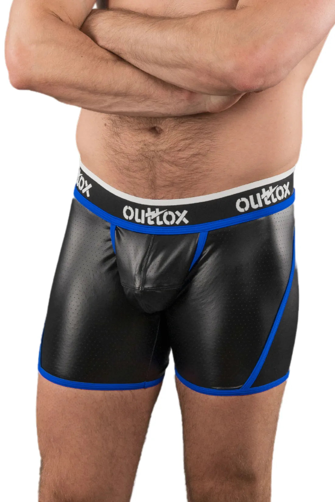 Outtox. Open Rear Shorts with Snap Codpiece. Blue