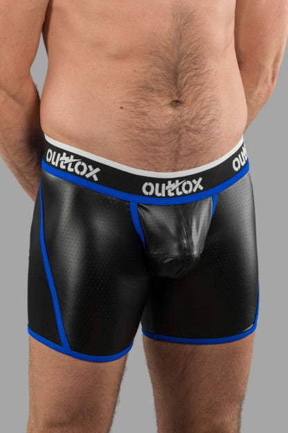Outtox. Offene hintere Shorts mit Snap Codpiece. Schwarz+Blau „Royal“