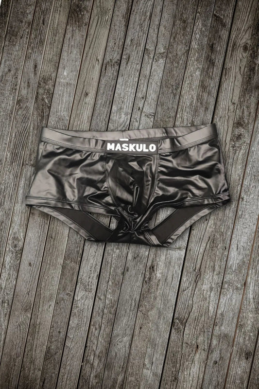 Andy LiquidOil PU Leather Trunk Shorts. Open Rear. Black &pn - MTR174-Y1 - www.maskulo.berlin - Local store