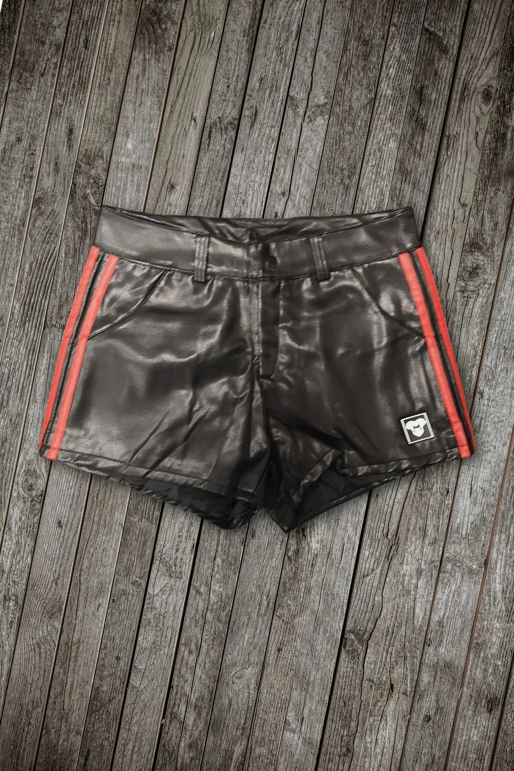 Armed Forces Saddle PU Leather shorts. Red Stripes + Black &pn - MSH302-Y1 1 - www.maskulo.berlin Local City Store