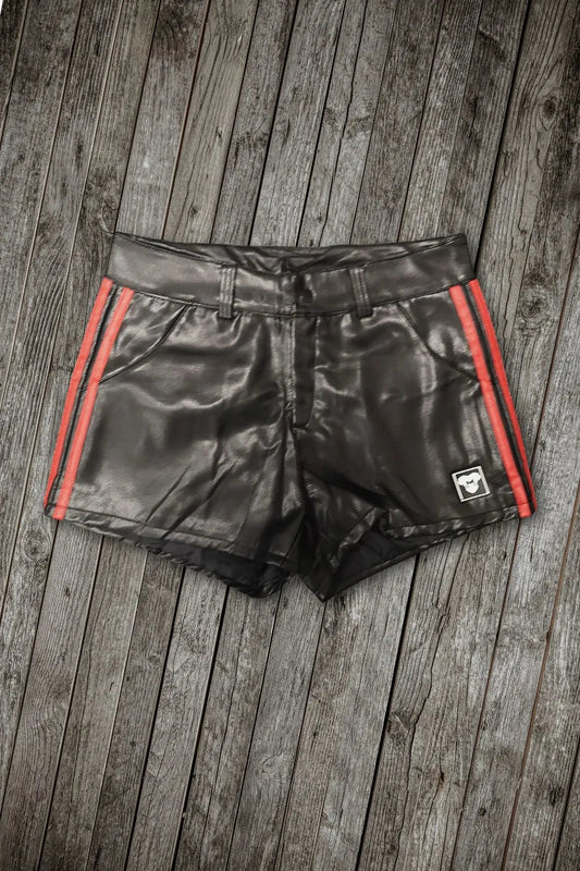 Armed Forces Saddle PU Leather shorts. Red Stripes + Black &pn - MSH302-Y1 - www.maskulo.berlin - Local store