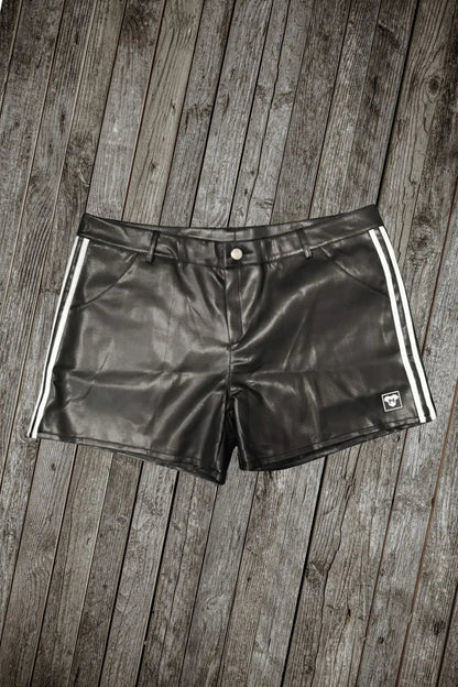 Armed Forces Saddle PU Leather shorts. White stripes + Black &pn - MSH301-Y1 - www.maskulo.berlin - Local store