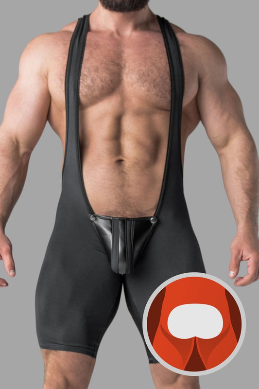 Armored. Men's Wrestling Singlet. Codpiece. Open Rear. Black - MSG103-Y1 - www.maskulo.berlin - Local store