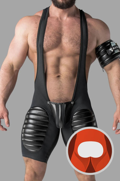 Armored. Men's Wrestling Singlet. Codpiece. Open Rear. Thigh Pads. Black - MWS104 - Y1 - www.maskulo.berlin - Local store