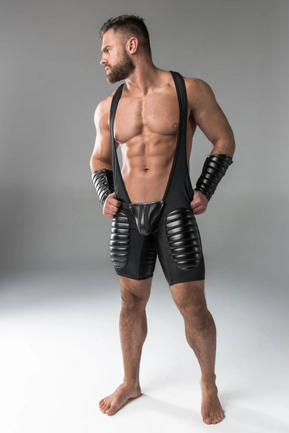 Armored. Men's Wrestling Singlet. Codpiece. Open Rear. Thigh Pads. Black - MWS104 - Y1 - www.maskulo.berlin - Local store
