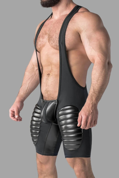 Armored. Men's Wrestling Singlet. Codpiece. Open Rear. Thigh Pads. Black - MWS104 - Y1 - www.maskulo.berlin - Local store