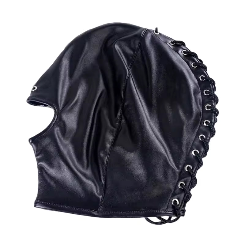 Mouth + Nose open. Adult Roleplay PU Leather Hood with Lacing