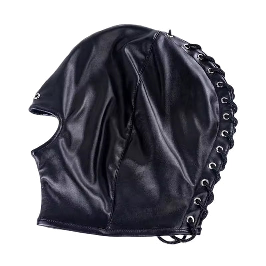 Mouth + Nose open. Adult Roleplay PU Leather Hood with Lacing