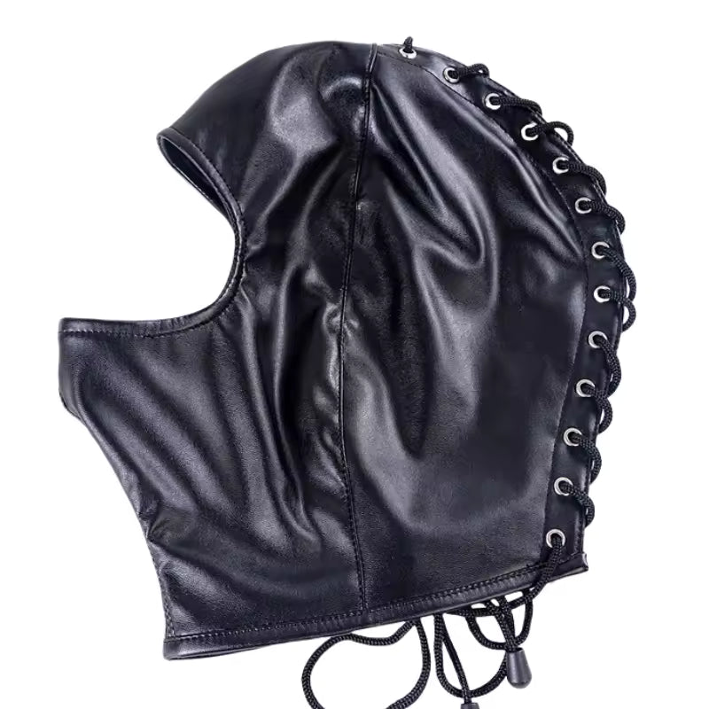 Bigger opening for face. Adult Roleplay PU Leather Hood with Lacing
