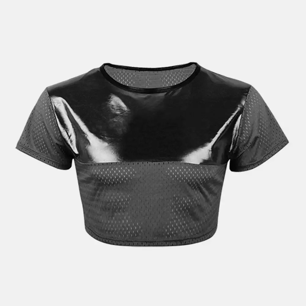 Crop Top of Perforated Mesh and Shiny Polyester. Black
