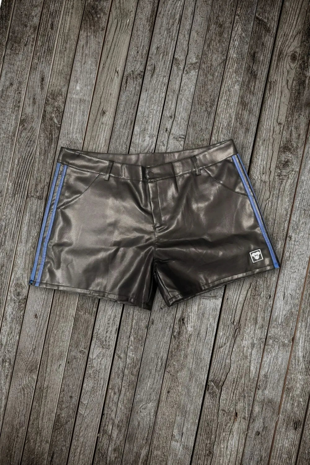 Elias Gearshift PU Leather Shorts. Black + 2 Blue Stripes &pn - MSH284-Y1 - www.maskulo.berlin - Local store