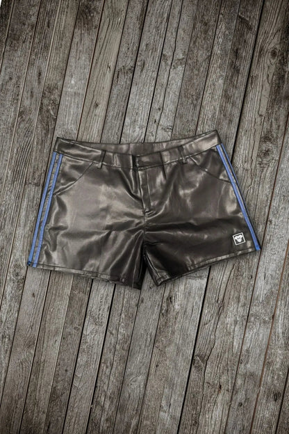 Elias Gearshift PU Leather Shorts. Black + 2 Blue Stripes &pn - MSH284-Y1 - www.maskulo.berlin - Local store