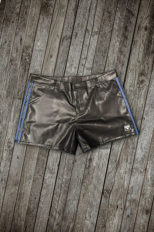 Elias Gearshift PU Leather Shorts. Black + 2 Blue Stripes &pn - MSH284-Y1 - www.maskulo.berlin - Local store