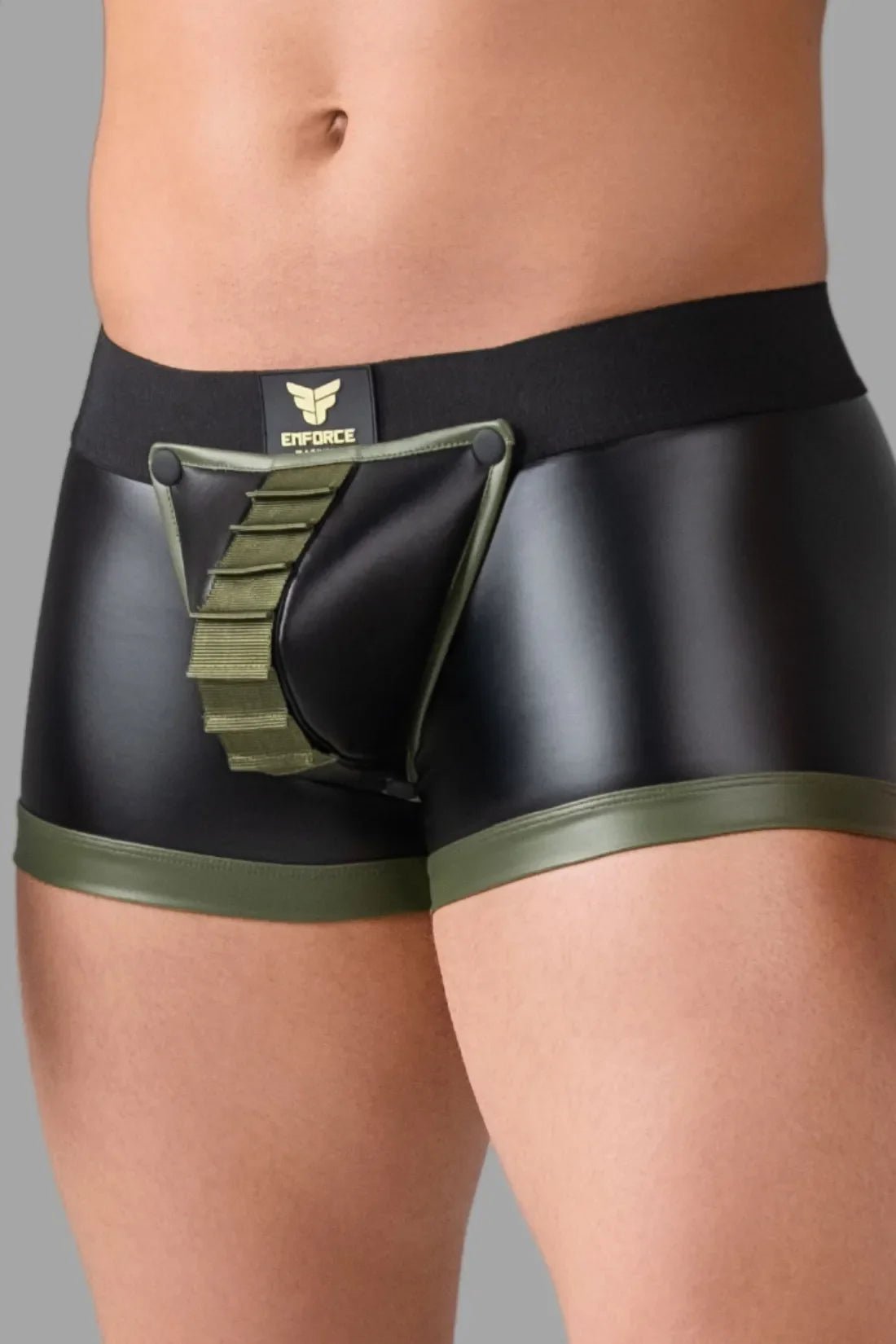 Enforce. Shot Belt Codpiece Trunk Shorts. Zipped Rear. Green Army + Black - MTR106-Y1 3 - www.maskulo.berlin Local City Store