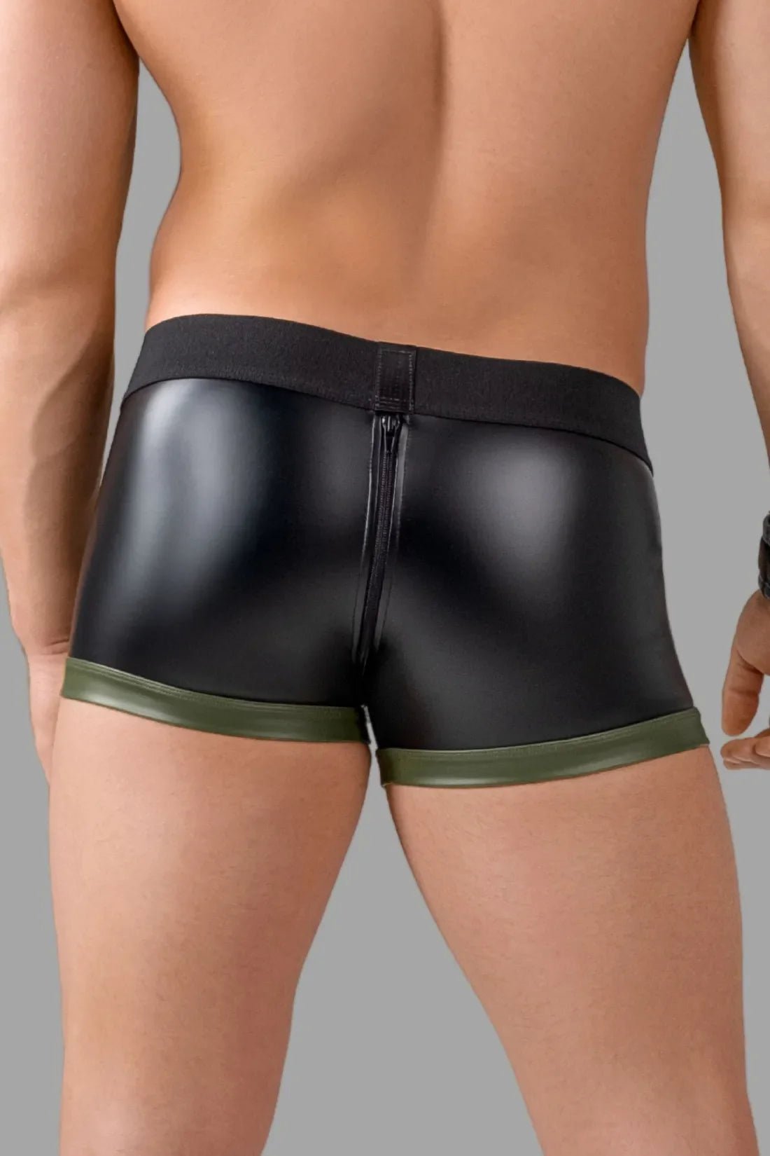 Enforce. Shot Belt Codpiece Trunk Shorts. Zipped Rear. Green Army + Black - MTR106-Y1 4 - www.maskulo.berlin Local City Store