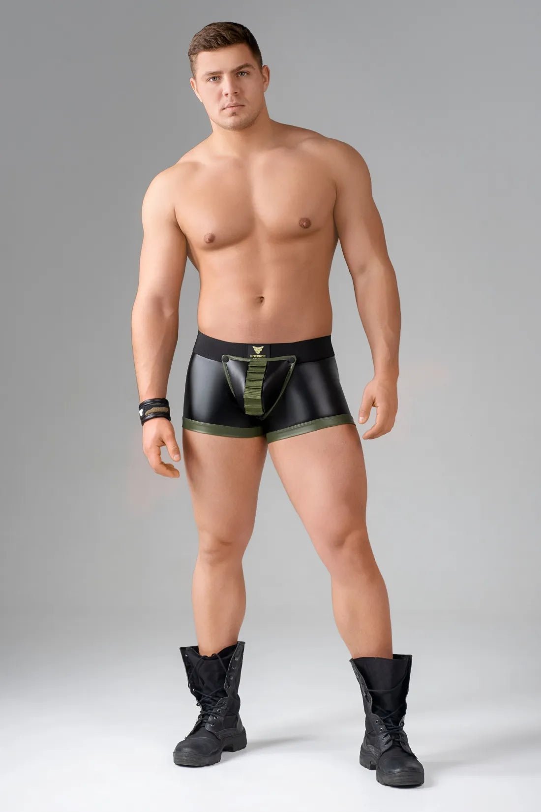 Enforce. Shot Belt Codpiece Trunk Shorts. Zipped Rear. Green Army + Black - MTR106-Y1 5 - www.maskulo.berlin Local City Store