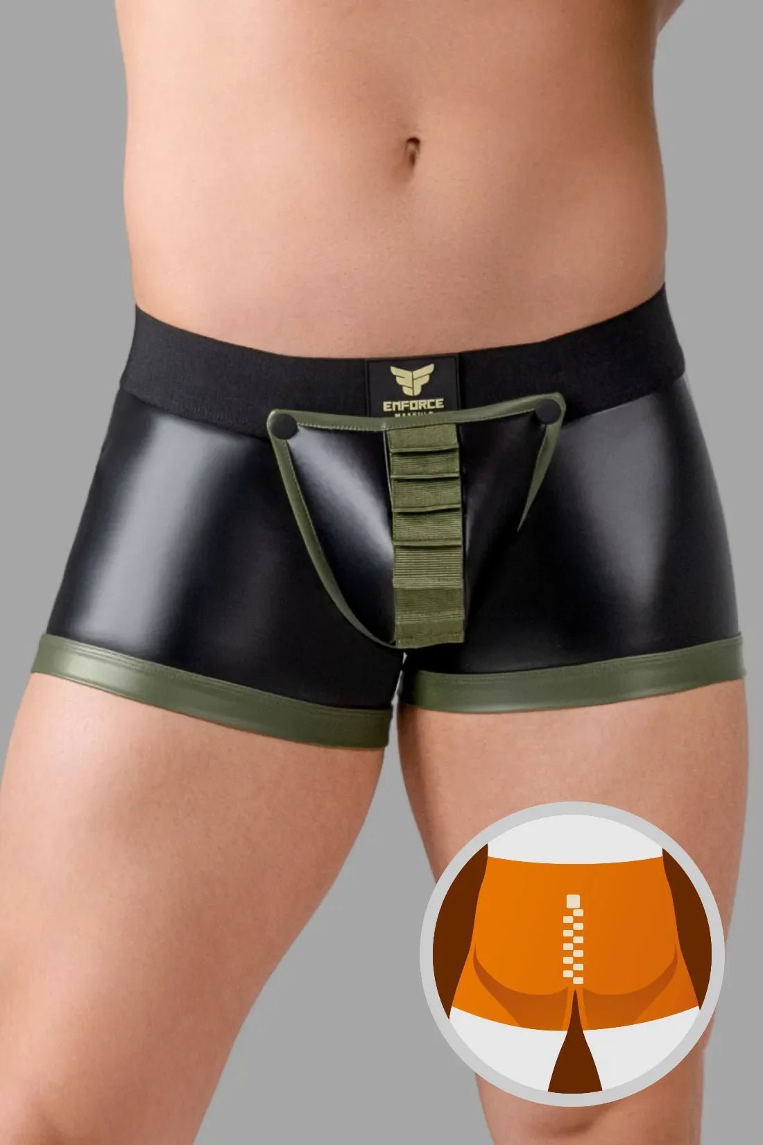 Enforce. Shot Belt Codpiece Trunk Shorts. Zipped Rear. Green Army + Black - MTR106-Y1 1 - www.maskulo.berlin Local City Store