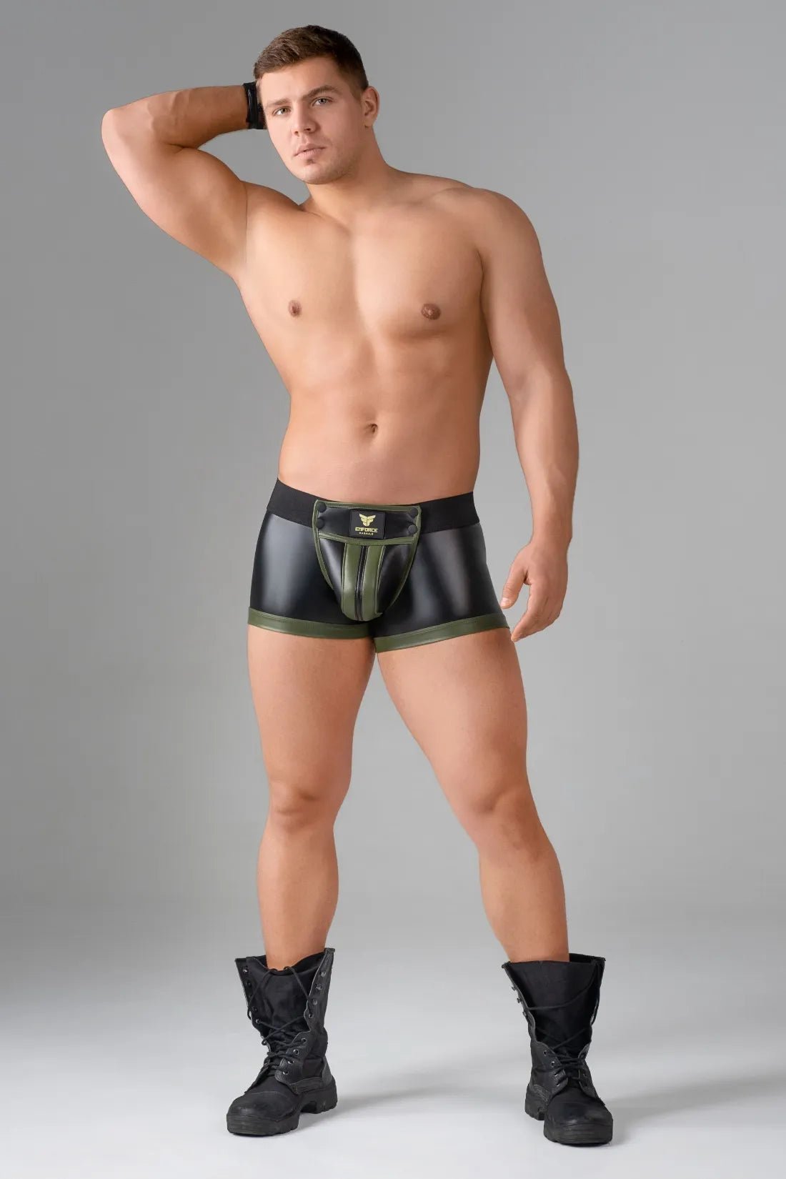 Enforce. Waist-High Codpiece Trunk Shorts. Zipped Rear. Green Army + Black - MTR107-Y1 5 - www.maskulo.berlin Local City Store
