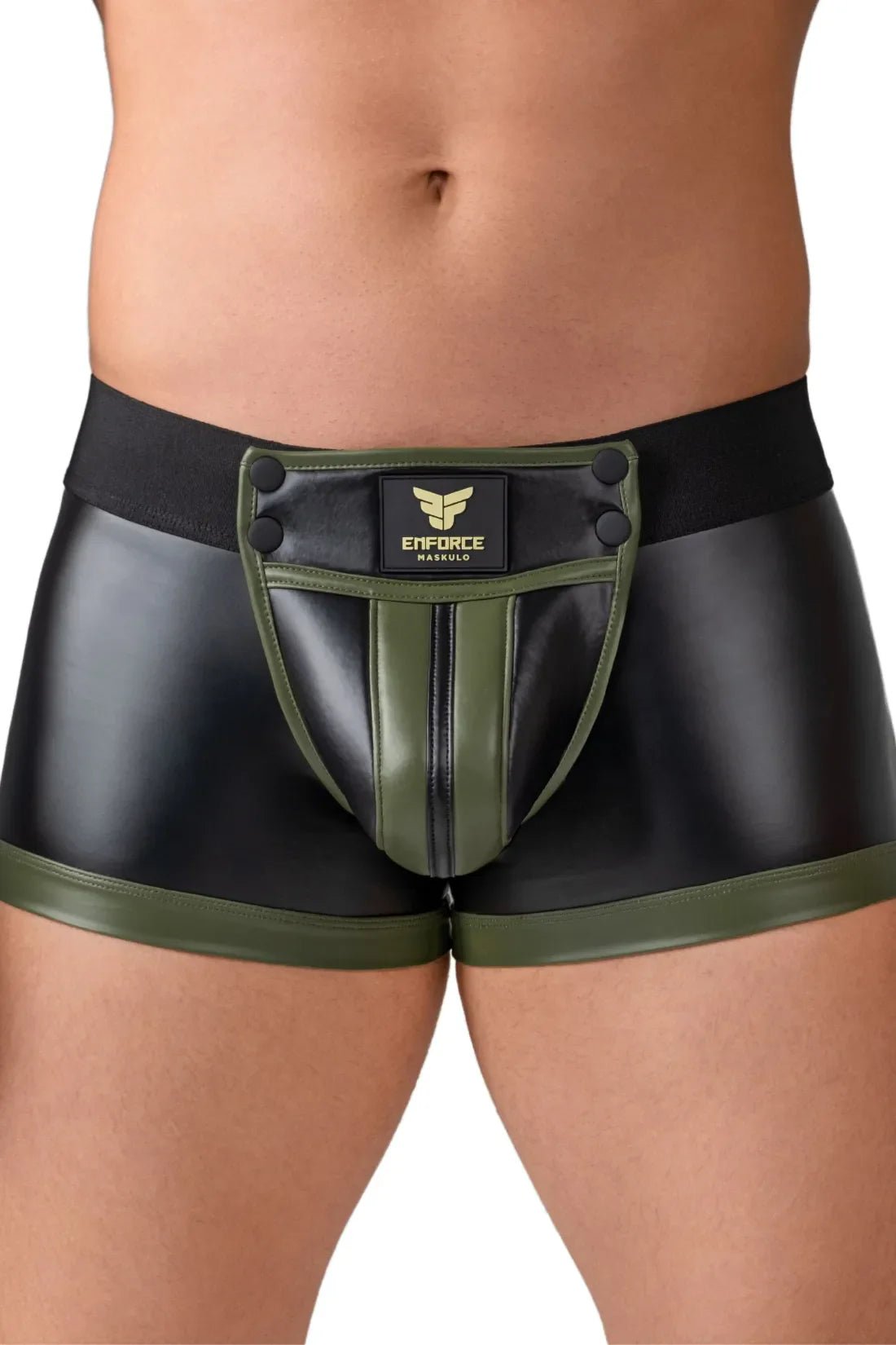 Enforce. Waist-High Codpiece Trunk Shorts. Zipped Rear. Green Army + Black - MTR107-Y1 8 - www.maskulo.berlin Local City Store