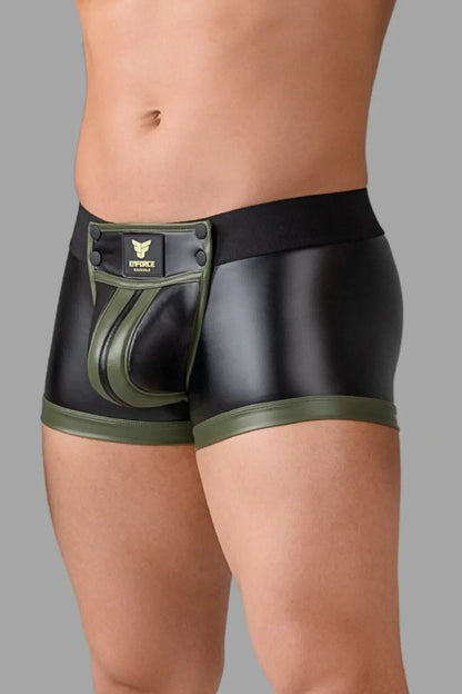 Enforce. Waist-High Codpiece Trunk Shorts. Zipped Rear. Green Army + Black - MTR107-Y1 3 - www.maskulo.berlin Local City Store