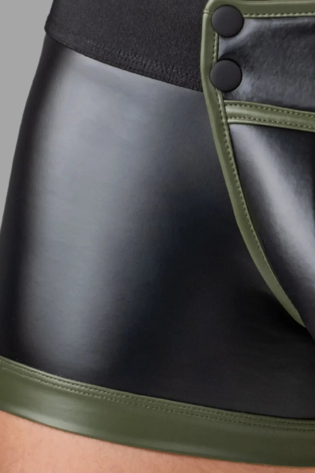 Enforce. Waist-High Codpiece Trunk Shorts. Zipped Rear. Green Army + Black - MTR107-Y1 6 - www.maskulo.berlin Local City Store