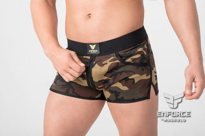 EnForce. Zipped Fetish Jogging Shorts. Green 'Camo' - MSH108 - Y1 - www.maskulo.berlin - Local store