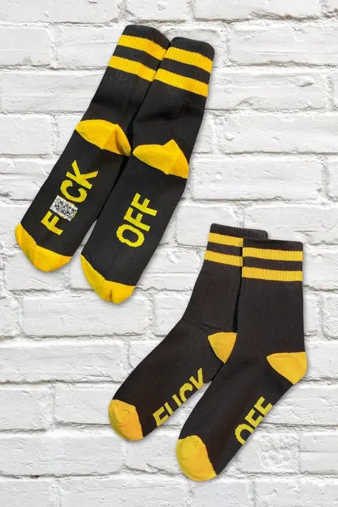 "F*CK OFF" Crew Socks. Black + Yellow - MSC113 - YX - www.maskulo.berlin - Local store