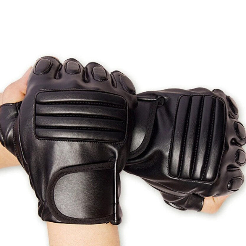 Fingerless PU leather gloves. Padded. Black