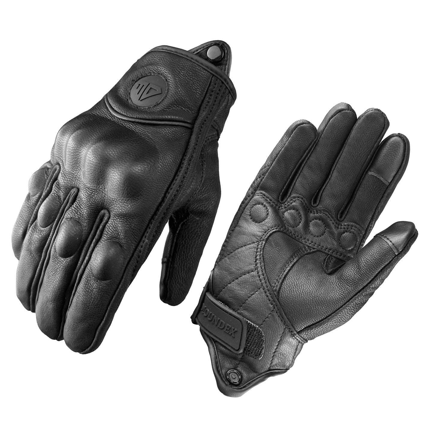 Real Leather Molded Knuckles Biker Gloves. Black Solid