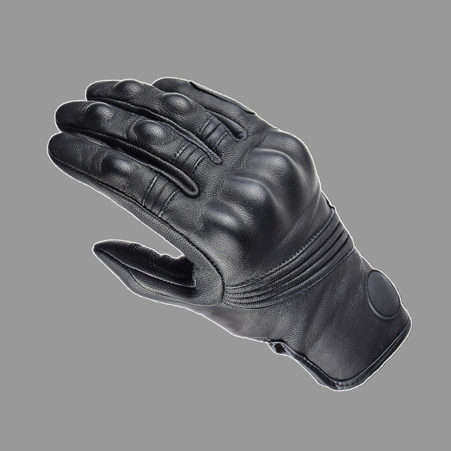 Real Leather Molded Knuckles Biker Gloves. Black Solid