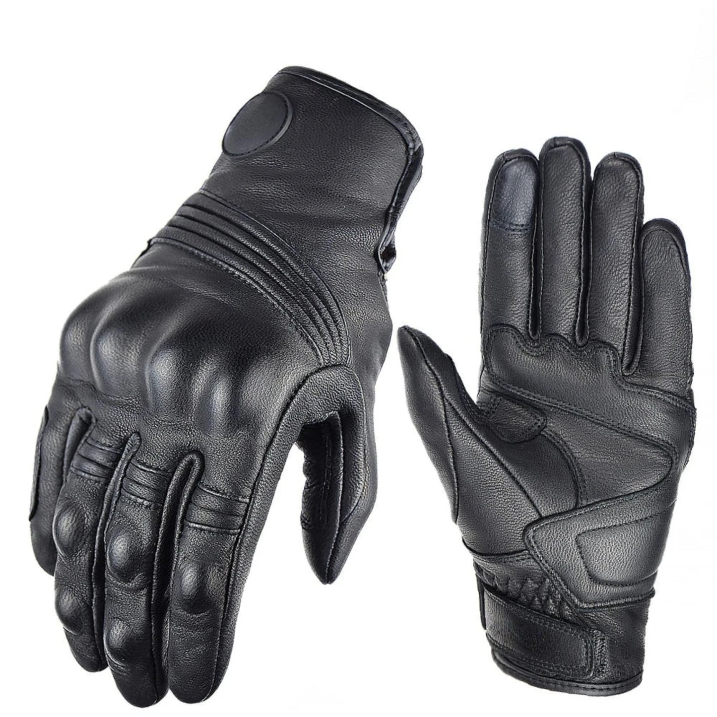 Real Leather Molded Knuckles Biker Gloves. Black Solid