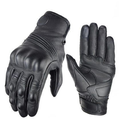 Real Leather Molded Knuckles Biker Gloves. Black Solid