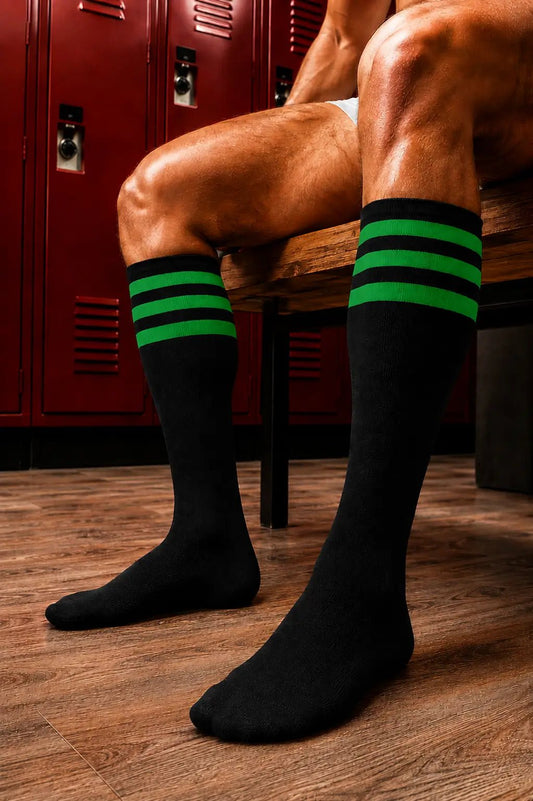 Long Socks. Black + 3 Green Stripes - NSC312-YX - www.maskulo.berlin - Local store