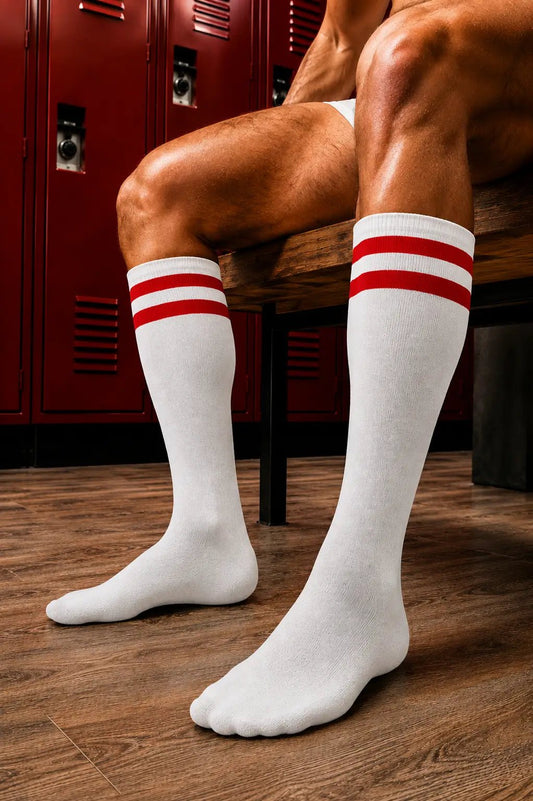 Long Socks. White + 2 Red Stripes - NSC321-YX - www.maskulo.berlin - Local store